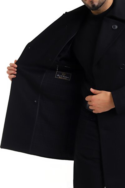 By Karaaslan Men's Black Woolen Winter Coat Short Overcoat Double Breasted Collar Buttoned Italian