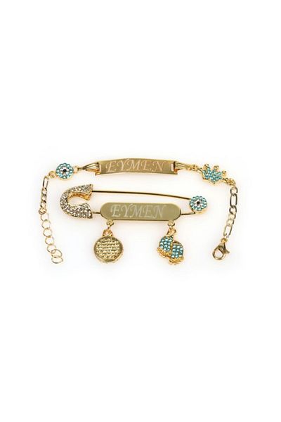 Sahi Aksesuar Light Blue Crystal Stoned Baby Boy Collar Pin and Bracelet Set 55