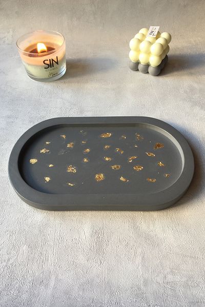 sin istanbul Gold Detail Oval Concrete Plate Anthracite Gray
