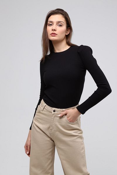1Moda1Tarz Γυναικεία μαύρη καμιζόλα υφασμάτινη μπλούζα με ριμπ μοτίβο Princess Sleeve Crew λαιμόκοψη με λεπτομέρειες