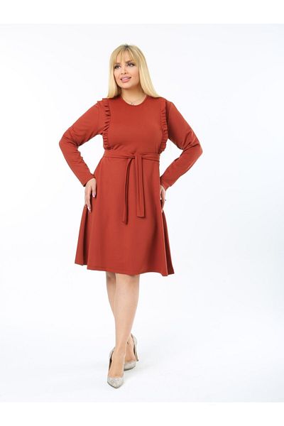 LİKRA Γυναικείο Πλακάκι Plus Size Φόρεμα Mira με λεπτομέρεια βολάν με ζώνη
