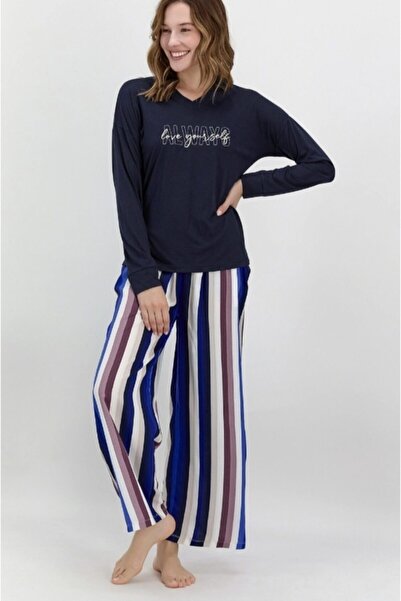 MasmaviMilla Γυναικείο σετ πιτζάμες σε μπλε ναυτικό χρώμα με ρίγες από βισκόζη