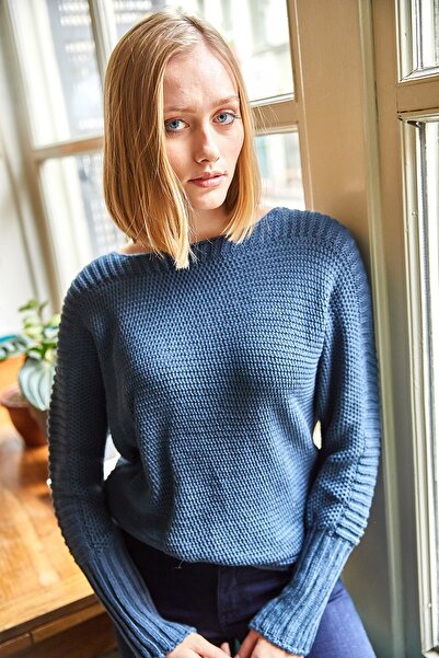 Olalook Pulover de damă din tricot tip fagure cu mâneci indigo KZK-19000399