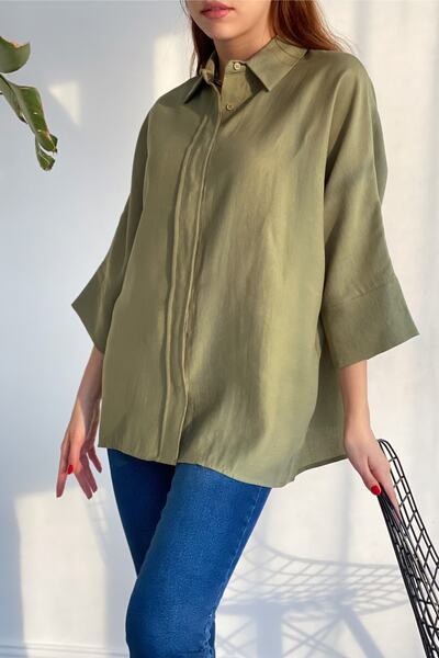 FEMELLE Women's Oil Green Hidden Button Wide Bat Sleeve Casual Fit Oversize C...