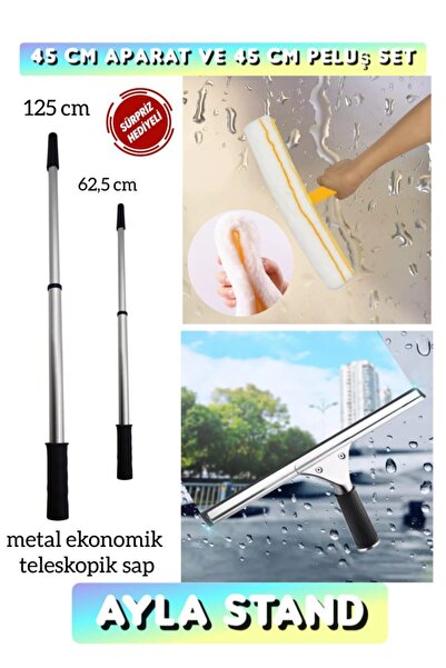 AYLA STAND Metal Cam Çekpas Çek Çek 45 Cm Mikrofiber Peluş Teleskobik Uzatmalı Sap 1.5mt Cam Temizlik Seti