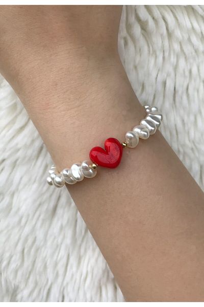 PEONY - peonyofficiall Red Heart and Pearl Glass Murano Bracelet