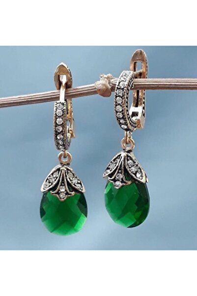 Aşina Gümüş Yeşil Damla Küpe Elmas Montur Yeniyıl Hediyesi