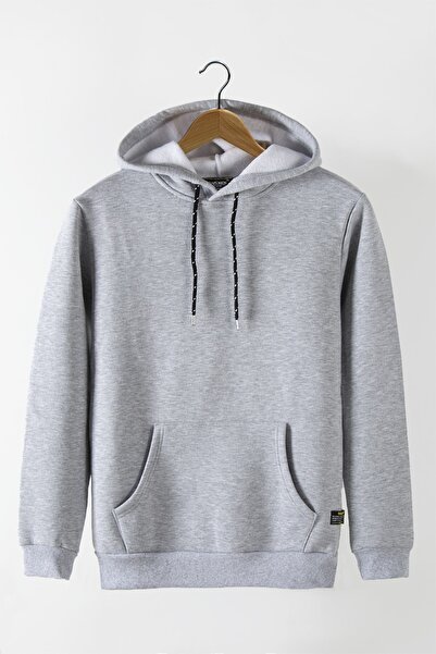Terapi Men Erkek Gri Kapüşonlu Kanguru Cepli Basic Hoodie Sweatshirt