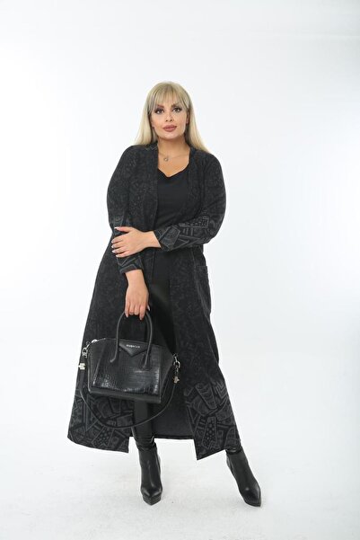 BİrHoşButik Büyük Beden Uzun Likralı Jakar Yün Kumaş Hırka