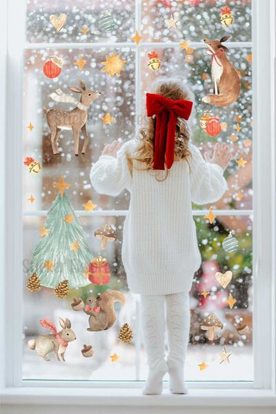 Sticker Ekspres مجموعة ملصقات حائط زجاجية للباب تحت عنوان شجرة الصنوبر والحيوانات وأعياد الميلاد ورأس السنة الجديدة