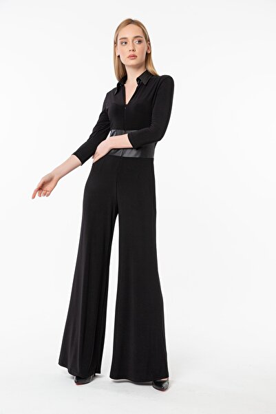 Laranor Siyah Gömlek Yaka Deri Detaylı Truvakar Kol Önden Fermuarlı Tulum