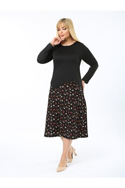 ViolettaXL Γυναικείο Μαύρο Φόρεμα Κρέπας με μοτίβο λουλουδιών σε μεγάλο μέγεθος