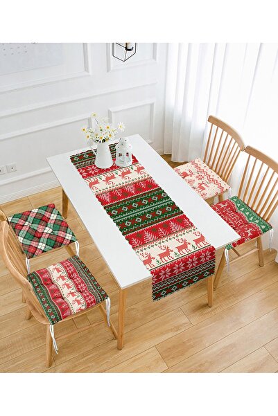 Realhomes Ekose Geyik Yılbaşı Motifli 4 Pofidik Sandalye Minderi Ve 1 Runner ...