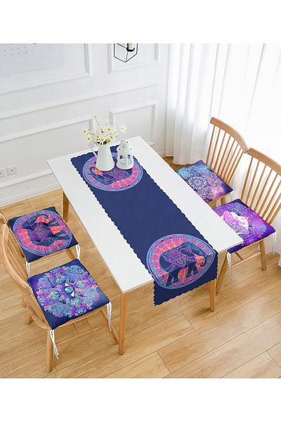 Realhomes Set de 4 perne pentru scaune umflate și 1 alergător cu design de elefant etnic