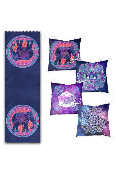 Realhomes Set de 4 perne pentru scaune umflate și 1 alergător cu design de elefant etnic