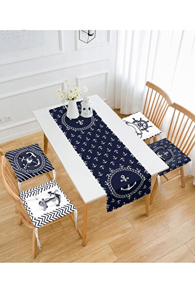 Realhomes Lacivert Denizci Desenli Çapa & Dümen Tasarımlı 4 Pofidik Sandalye ...