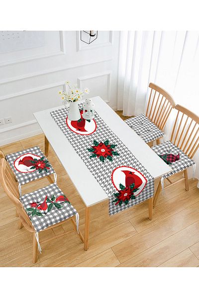 Realhomes Red Cardial Bird Set special conceput de 4 perne pentru scaune puf și 1 pasaj cu fundal în carouri gri