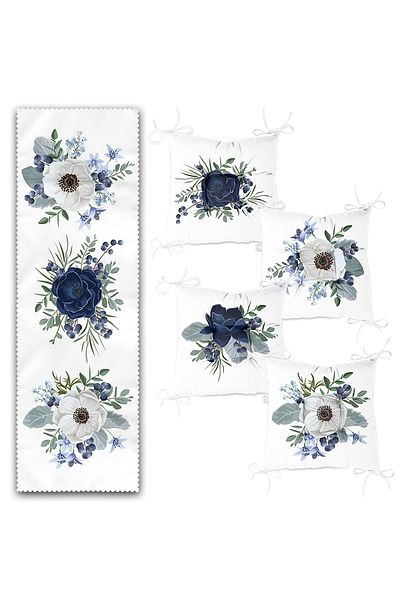 Realhomes Blue & White Rose Special Design Set of 4 Pouf Chair Cushions and 1 Runner