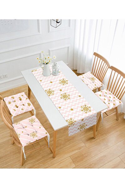 Realhomes Pembe Zigzag Motifli Altın Varaklı Kalp & Kar Tanesi 4 Pofidik Sandalye Minderi Ve 1 Runner Seti