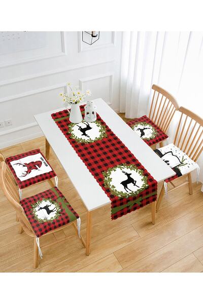 Realhomes Kırmızı Ekose Zeminli Yılbaşı Temalı 4 Pofidik Sandalye Minderi Ve 1 Runner Seti