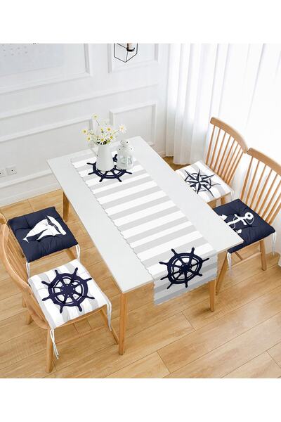 Realhomes Ειδικό σχέδιο με θέμα Navy Blue & Grey Sailor, 4 αφράτα μαξιλάρια καρέκλας και 1 σετ δρομέα