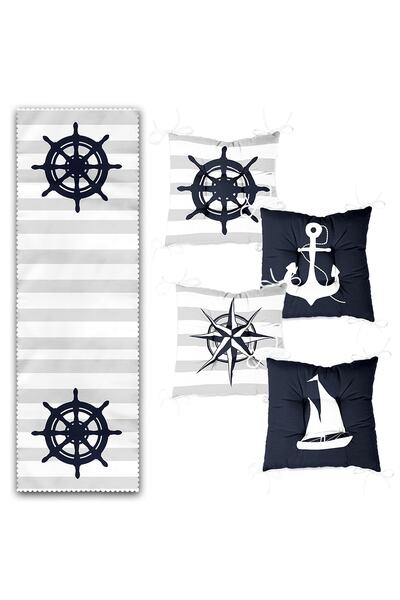 Realhomes Ειδικό σχέδιο με θέμα Navy Blue & Grey Sailor, 4 αφράτα μαξιλάρια καρέκλας και 1 σετ δρομέα