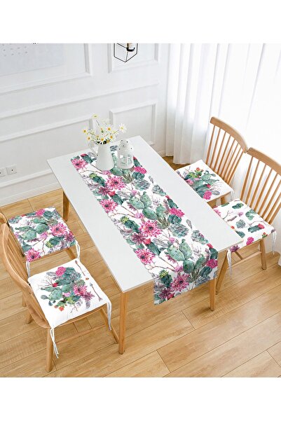 Realhomes Kaktüs Motifli 4 Fermuarlı Sandalye Minderi Ve 1 Runner Seti