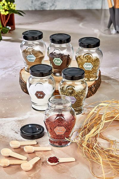 FBZhome 6-Piece 300 Ml Glass Spice Bowl with Metal Lid and Label and 6 Spice Spoons