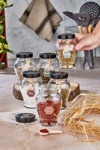 FBZhome 6-Piece 300 Ml Glass Spice Bowl with Metal Lid and Label and 6 Spice Spoons