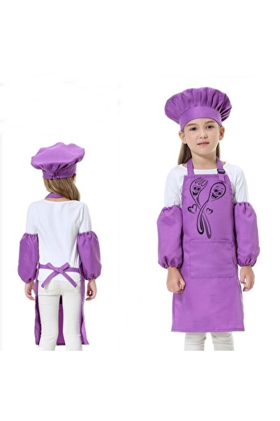 RAY TİCARET Σετ Ποδιά Λιλά Παιδική Ποδιά Σεφ, Ποδιά Κουζίνας, Ποδιά Μαγειρικής