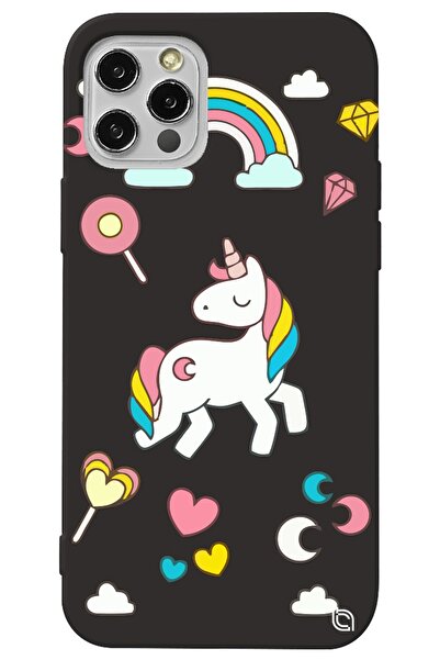 WANNA PROTECT Iphone 13 Pro Siyah Renkli Unicorn Içi Kadife Desenli Silikon T...