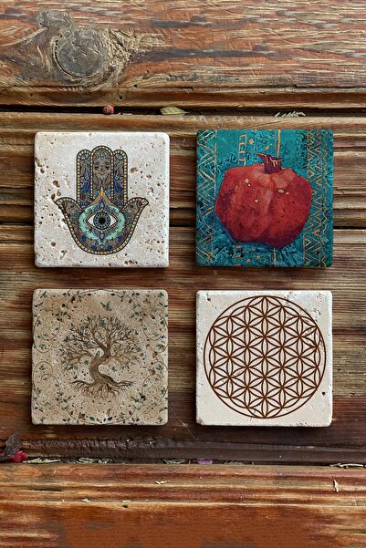 Stone Coaster Stone Coasters Set of 4 Pomegranate Flower of Life Fatma Main Hand