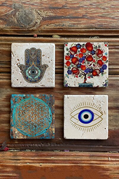 Oscar Stone Decor Taş Bardak Altlığı Stone Coasters - 4lü Set Nazar Bocuğu Fa...