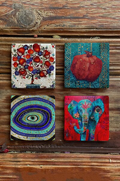 Oscar Stone Decor قواعد أكواب حجرية - مجموعة من 4 قطع شجرة رمان وفيل وعين شريرة