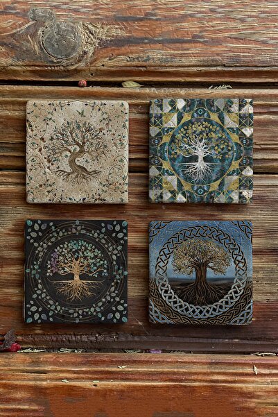 Oscar Stone Decor Taş Bardak Altlığı Stone Coasters - 4lü Set Hayat Ağacı Seti
