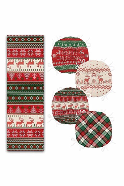 Realhomes Ekose Geyik Yılbaşı Motifli 4 Yuvarlak Pofidik Sandalye Minderi Ve 1 Runner Seti