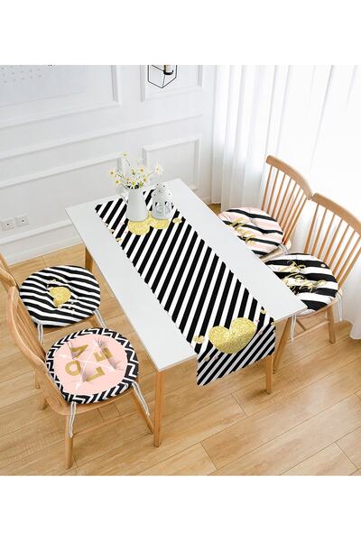 Realhomes Aşk Temalı Gold Detaylı 4 Yuvarlak Pofidik Sandalye Minderi Ve 1 Ru...