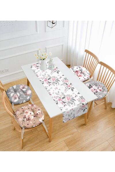 Realhomes Soyut Renkli Gül Motifli 4 Yuvarlak Pofidik Sandalye Minderi Ve 1 R...