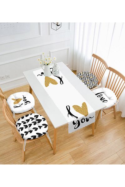 Realhomes I Love You Motif Set of 4 Round Pouf Chair Cushions and 1 Runner