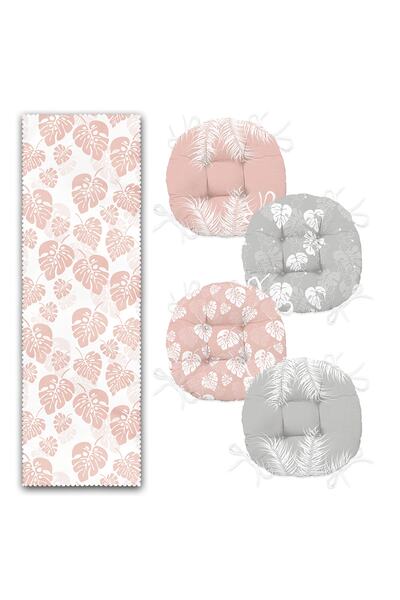 Realhomes Soyut Pembe Gri Yaprak Tasarımlı 4 Yuvarlak Pofidik Sandalye Minderi Ve 1 Runner Seti