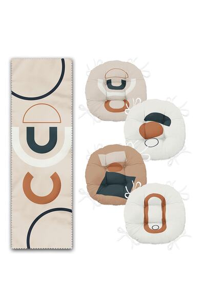 Realhomes Soyut Tasarımlı 4 Yuvarlak Pofidik Sandalye Minderi Ve 1 Runner Seti