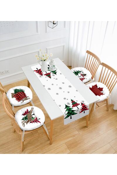 Realhomes Yılbaşı Temalı Ekose Çam Ağaç Tasarımlı 4 Yuvarlak Pofidik Sandalye...