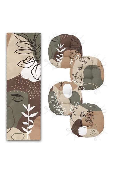 Realhomes Kahve Tonlarında Portre Tasarımlı 4 Yuvarlak Pofidik Sandalye Minderi Ve 1 Runner Seti