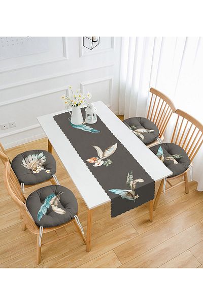 Realhomes Colorful Tropical Leaf Designed Set of 4 Round Pouf Chair Cushions and 1 Runner with Dark Background