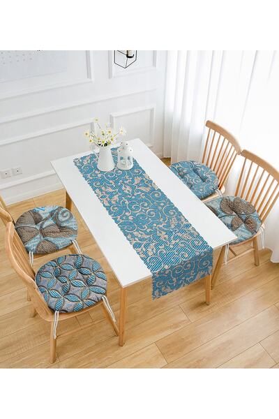 Realhomes Синій дамаск дизайн 4 круглі пухнасті подушки для стільців і 1 бігунок