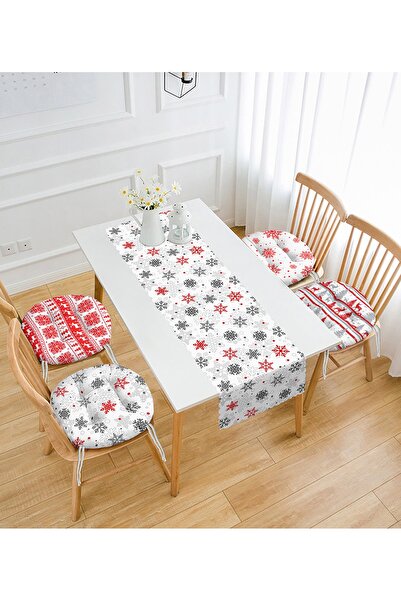 Realhomes Yılbaşı Özel 4 Yuvarlak Pofidik Sandalye Minderi Ve 1 Runner Seti