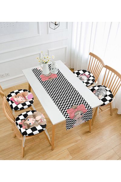 Realhomes Checkers Floor Fashion Girl Motif 4 στρογγυλά αφράτα μαξιλάρια καρέκλας και 1 σετ δρομέα