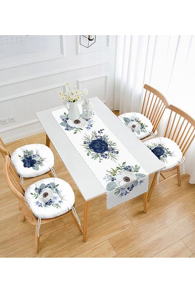 Realhomes Blue & White Rose Special Design Set of 4 Round Fluffy Chair Cushions and 1 Runner