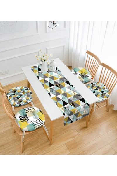 Realhomes Triangle Geometric Shapes Set of 4 Round Pouf Chair Cushions and 1 Runner