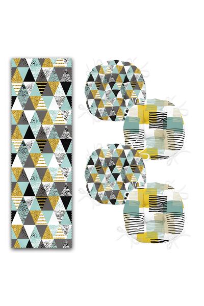 Realhomes Triangle Geometric Shapes Set of 4 Round Pouf Chair Cushions and 1 Runner